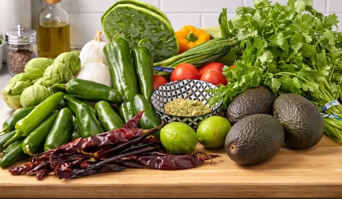 Colorful vegetables including avocados and peppers