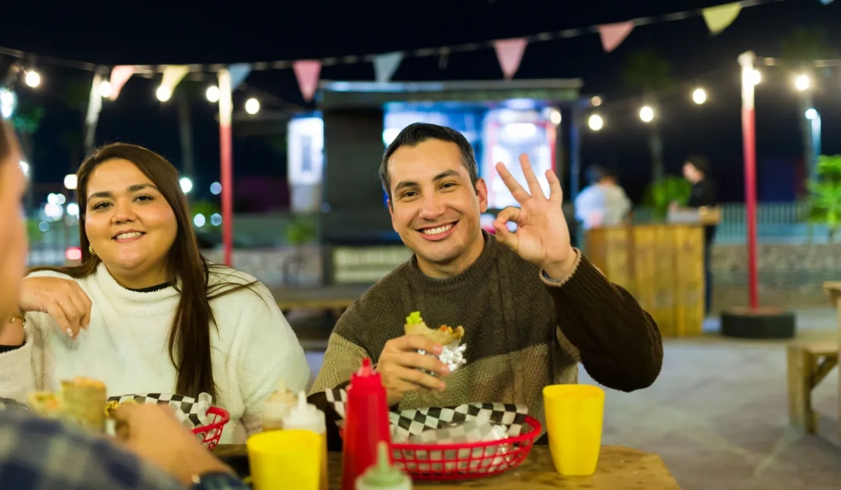 People dining at a festive spot