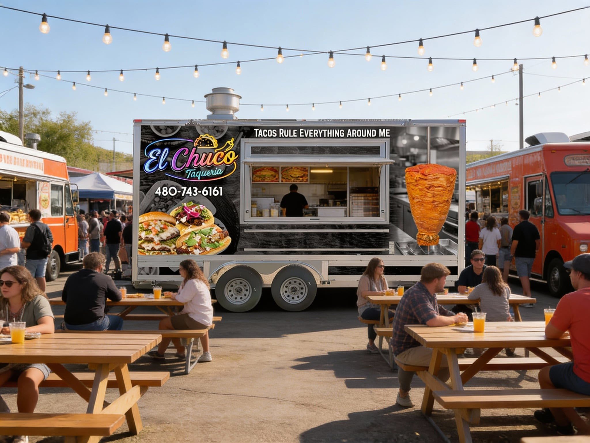Outdoor food truck serving tacos with customers seated at picnic tables.